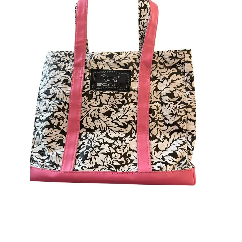 Scout Tote Bag Pink Handles Black White Floral Print 14x10 Preppy Shopper